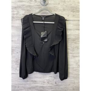 A Love‎ Story Blouse Size L Black Chiffon Long Sleeve Samantha Ruffle